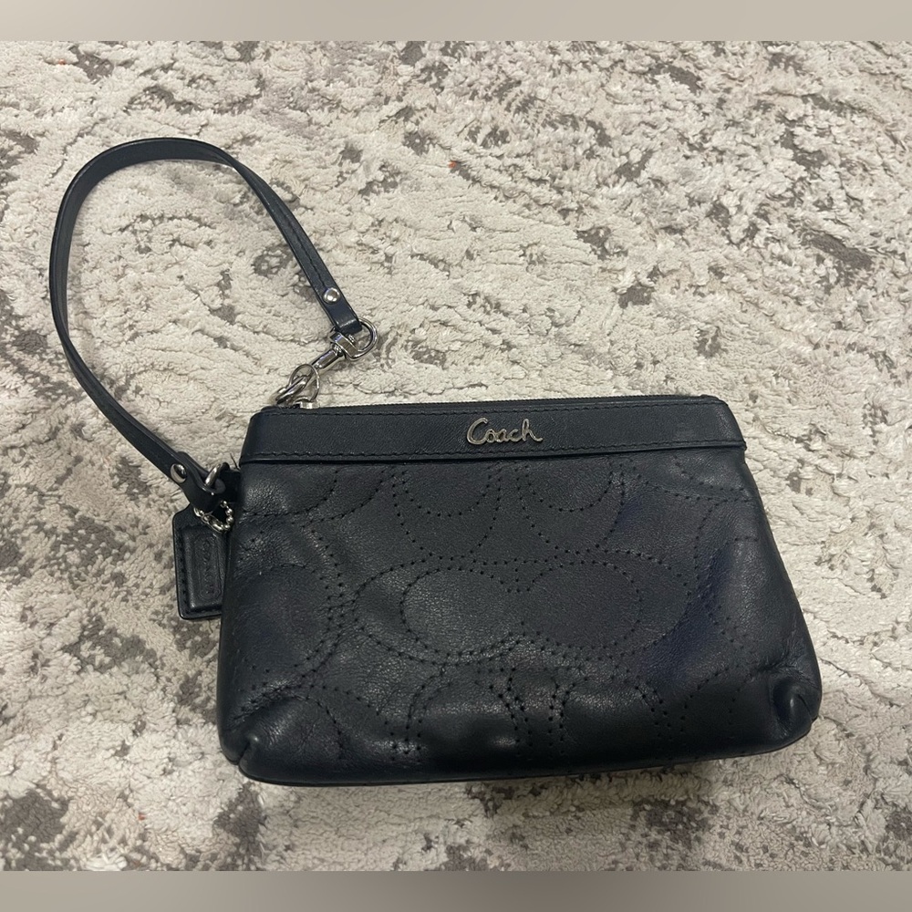 COACH Black Leather Laser Cut Perforated Monogram Wristlet